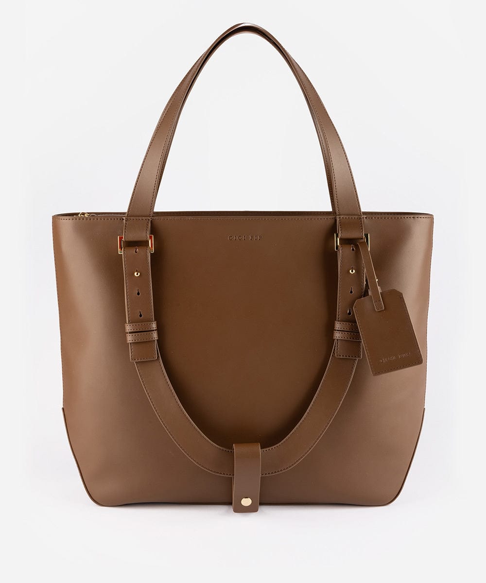 A brown Hayes Hat Carrying Tote made of genuine leather, displayed against a white background. #color_chocolate