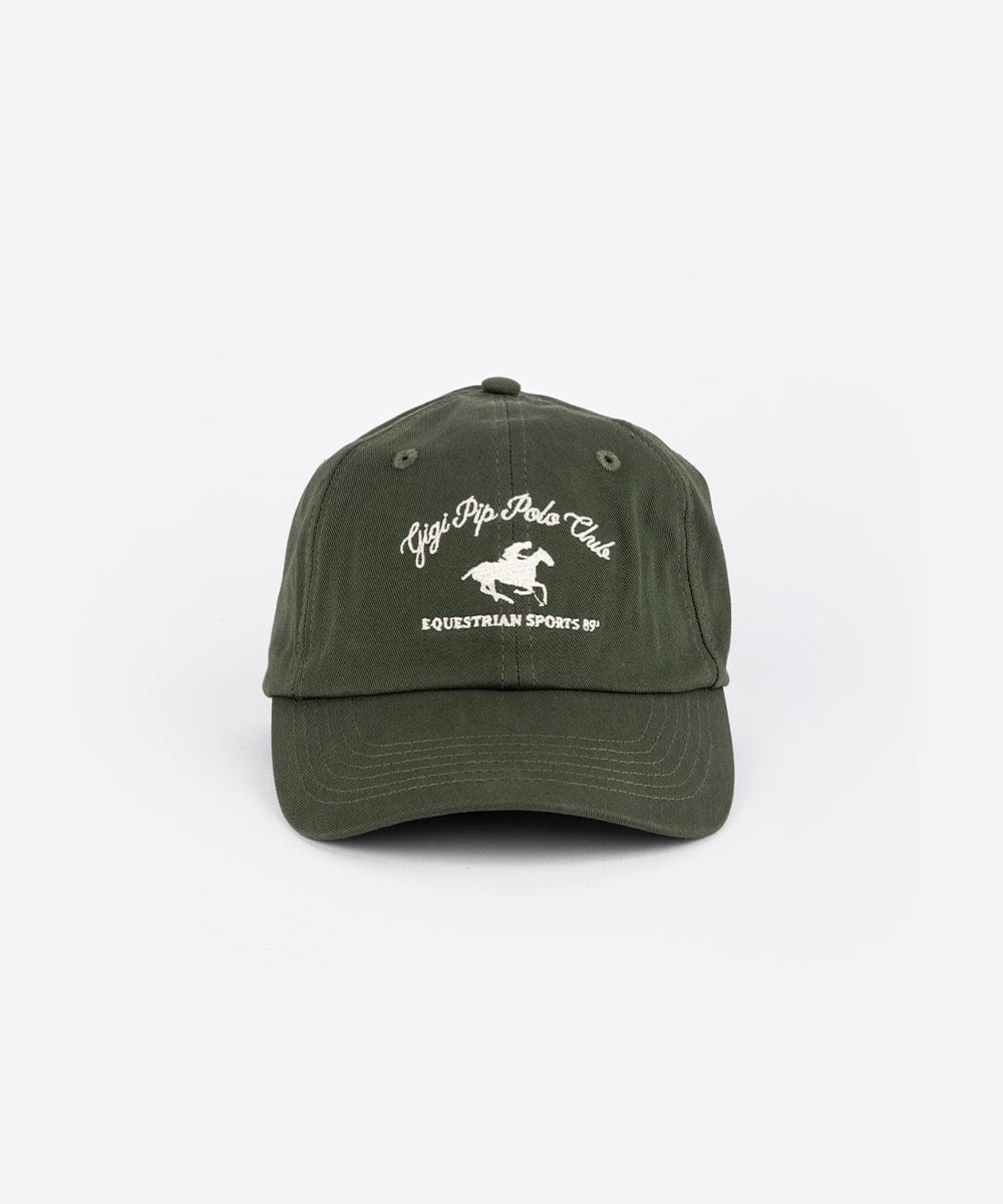 A dark green cap with white text and horse logo on a white background #color_dark green