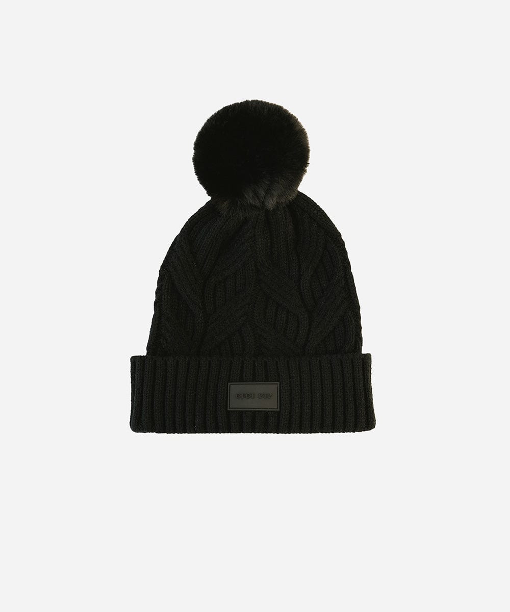A black knit beanie with a pom-pom on a plain background #color_black