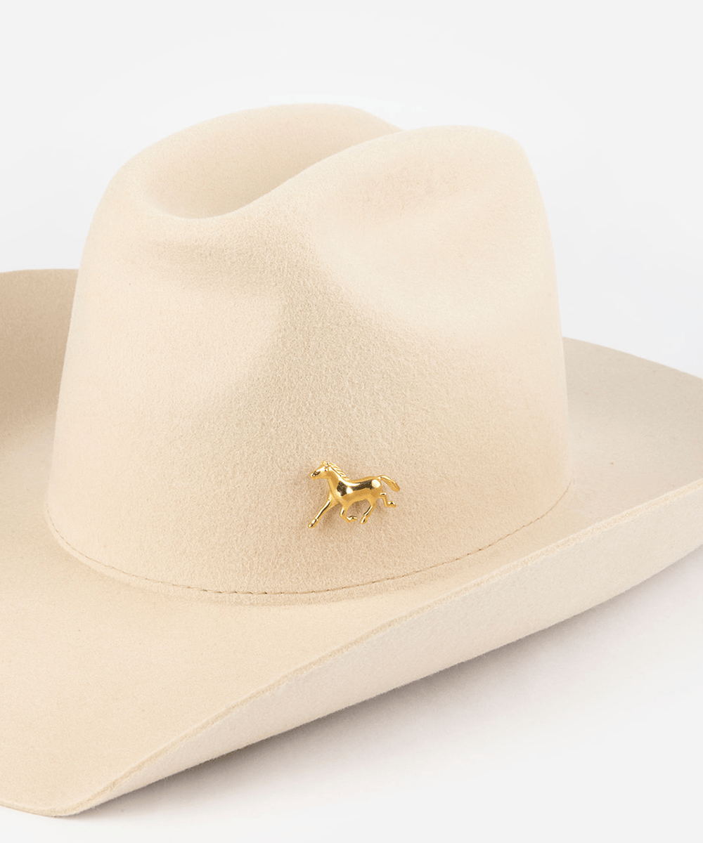 Pink cowboy hat with a gold horse hat pin on a white background #color_gold