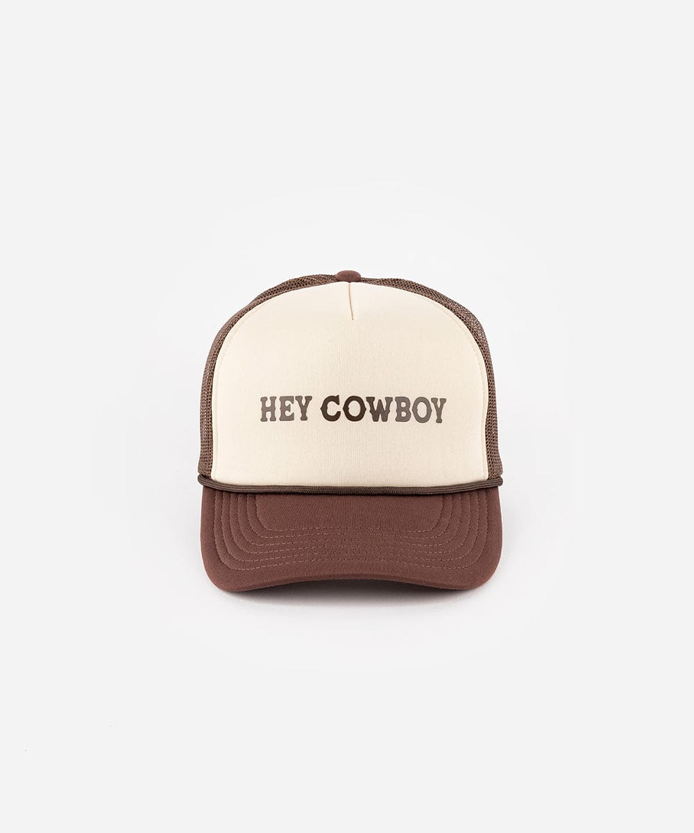 A cream and chocolate brown cap with 'Hey Cowboy' text on a white background #color_cream - chocolate brown