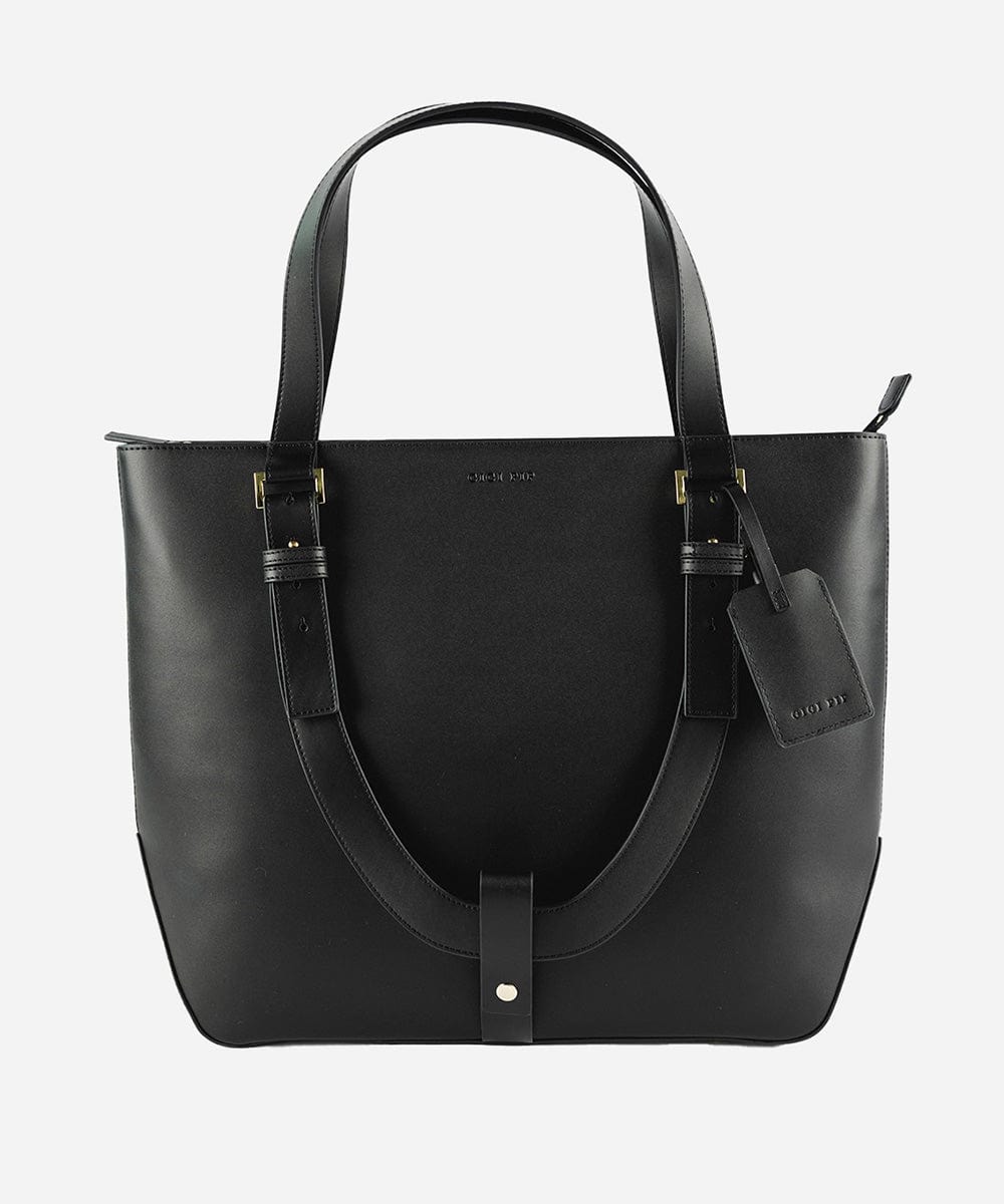 A black Hayes Hat Carrying Tote made of genuine leather, displayed against a white background.  #color_black