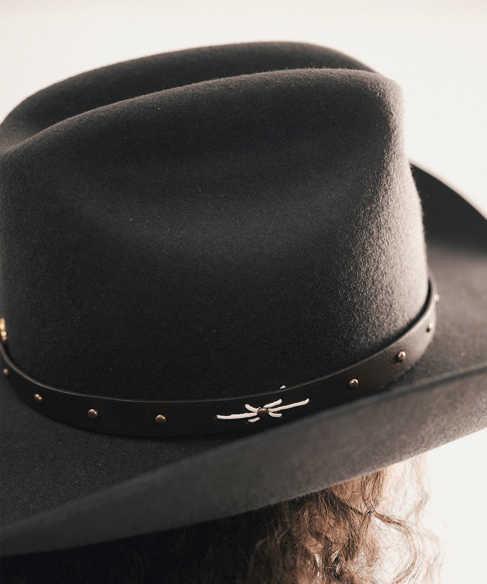 Brown cowboy hat with a leather band on a white background #color_dark brown - brass