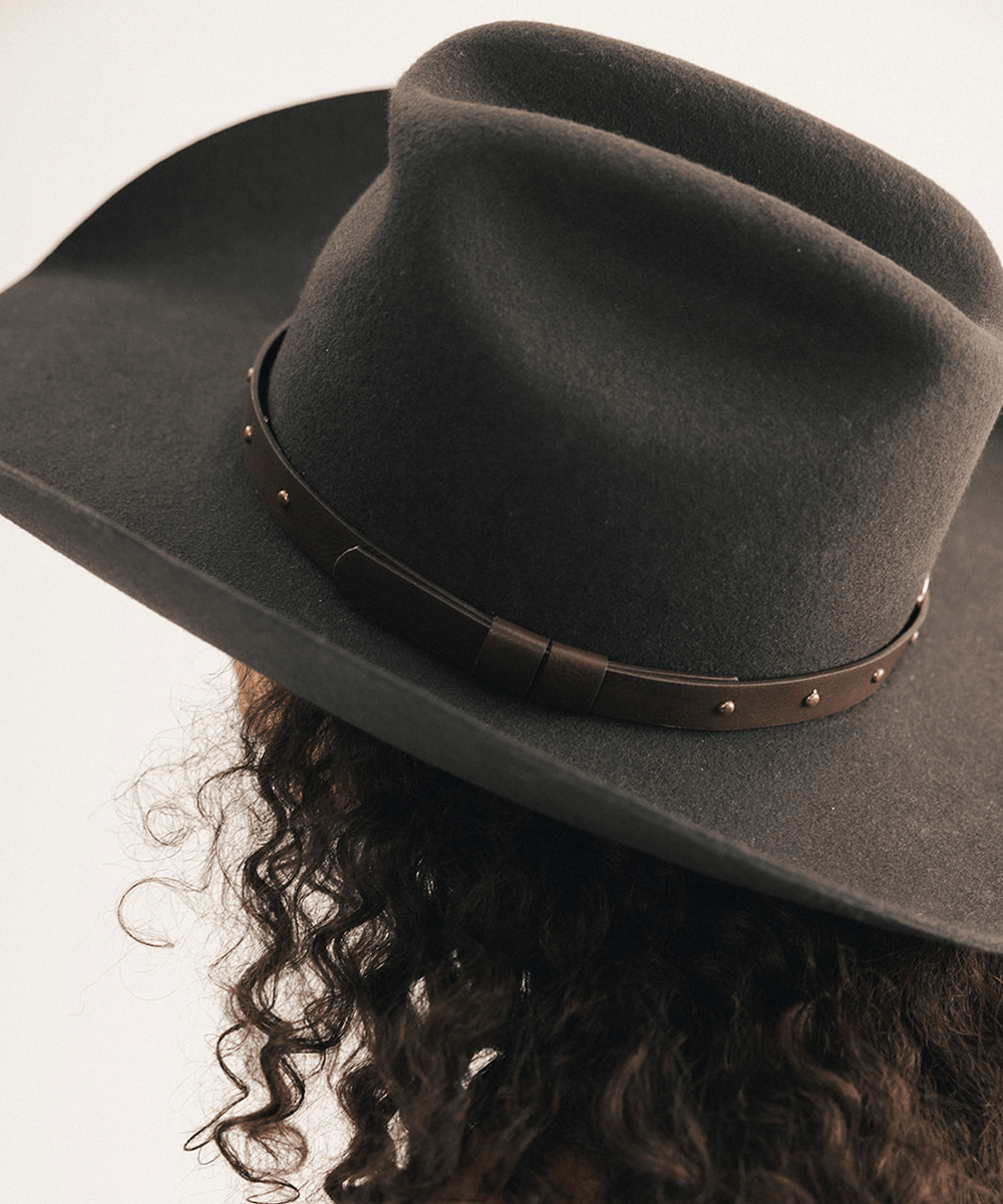 Brown cowboy hat with a leather band on a white background #color_dark brown - brass