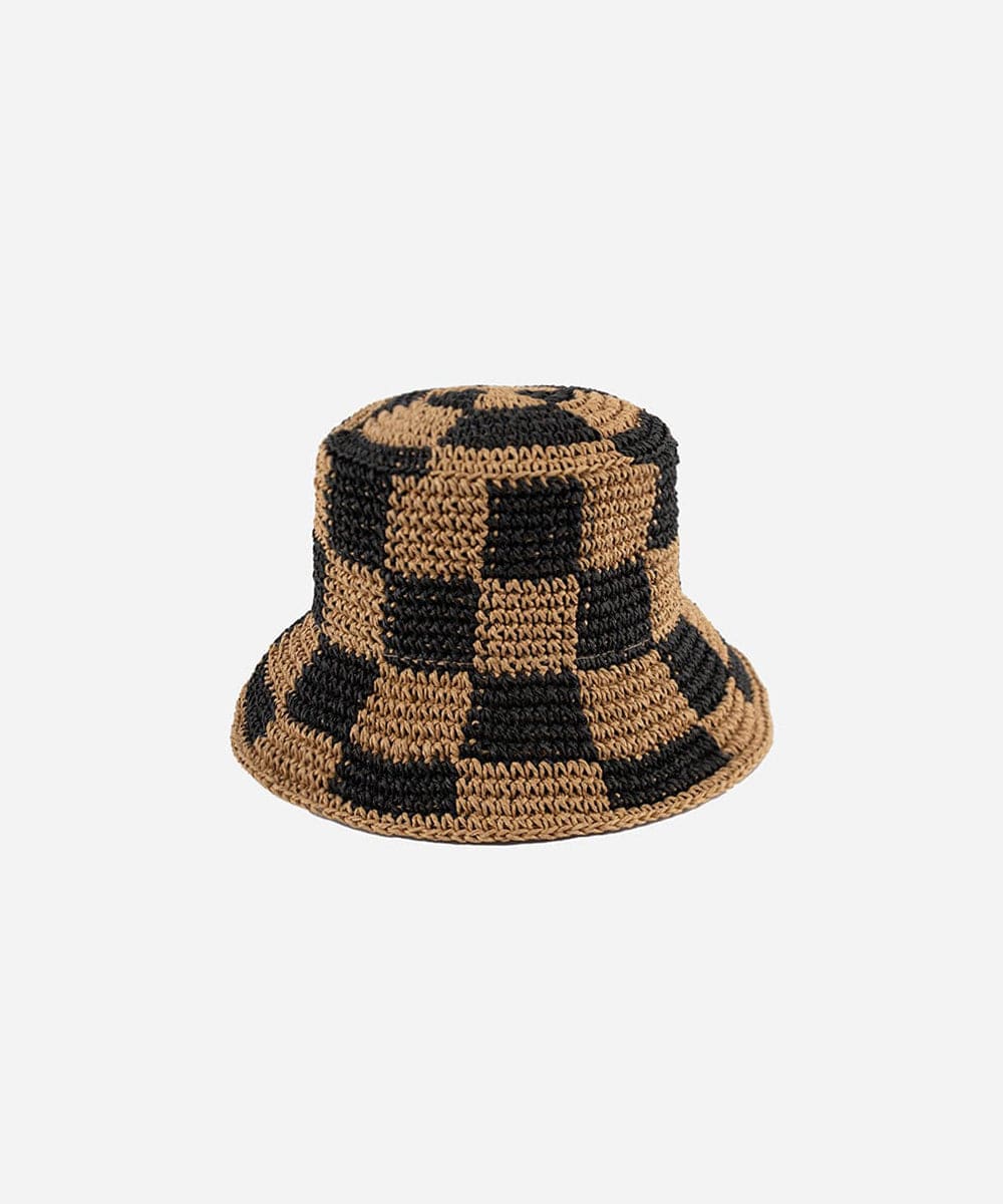 A black check crochet packable bucket hat made from paper straw, displayed against a white background. #color_black check