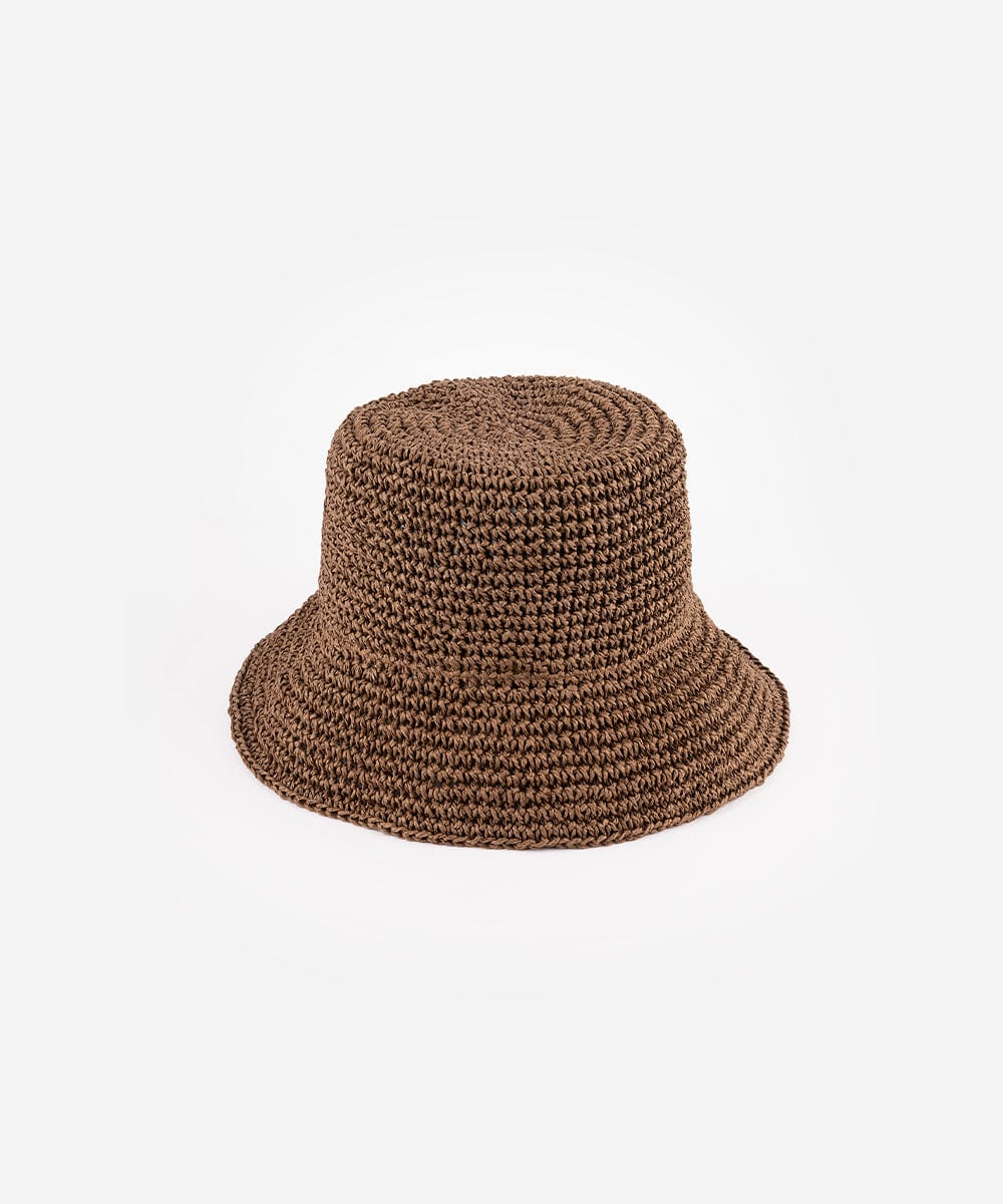 A chocolate colored woven bucket hat on a white background #color_chocolate