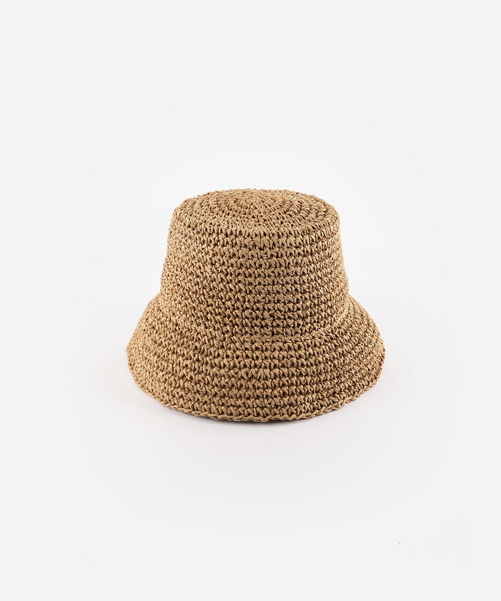 A brown crochet packable bucket hat made from paper straw, displayed against a white background. #color_natural brown