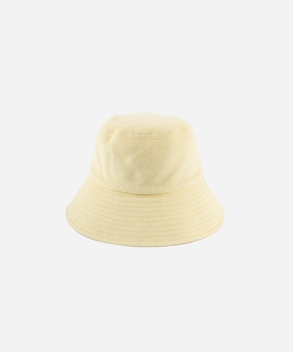 A butter yellow colored bucket hat on a plain background #color_butter yellow