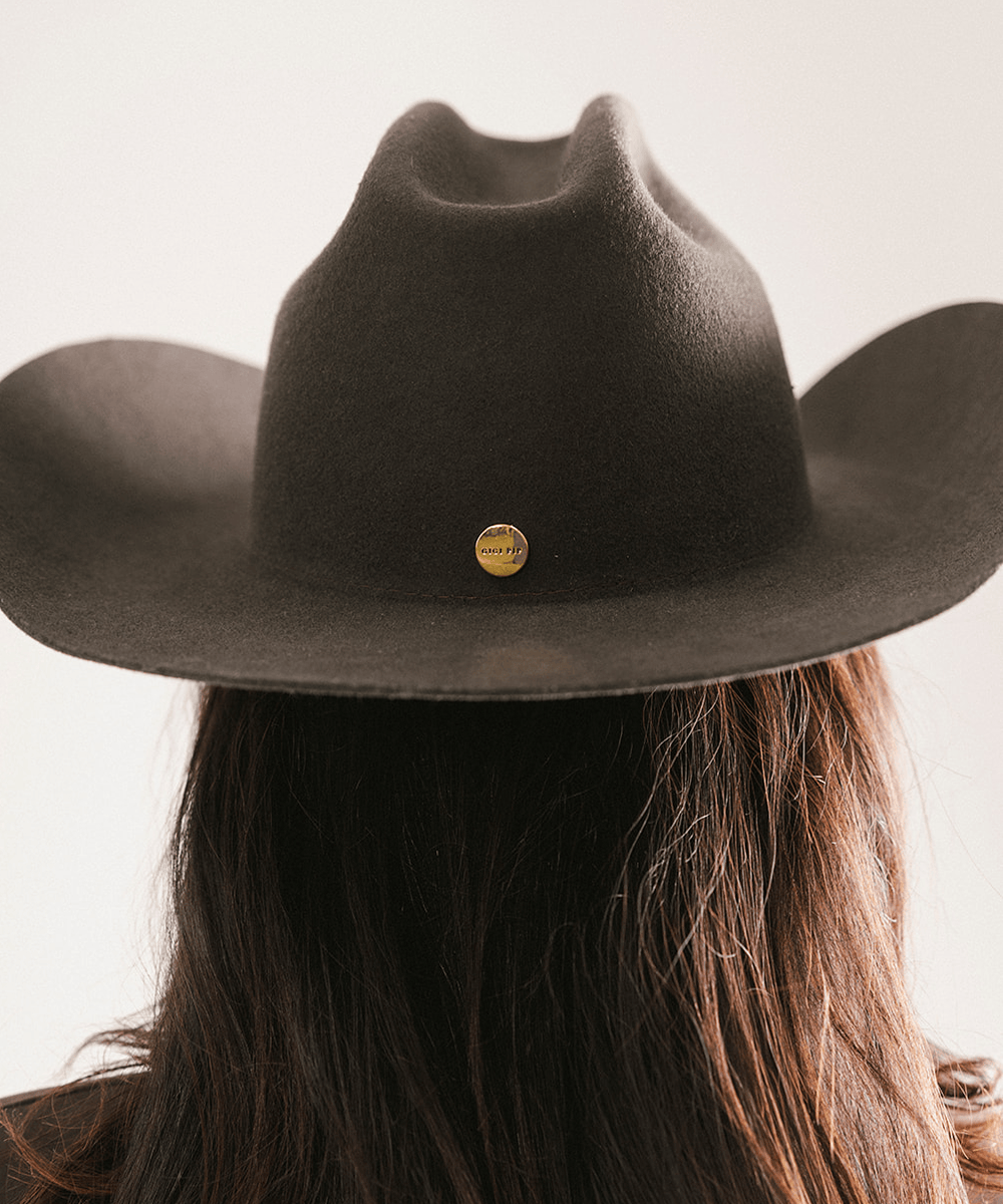 Back view of a dark brown cowboy hat with a gold button on a neutral background #color_dark brown