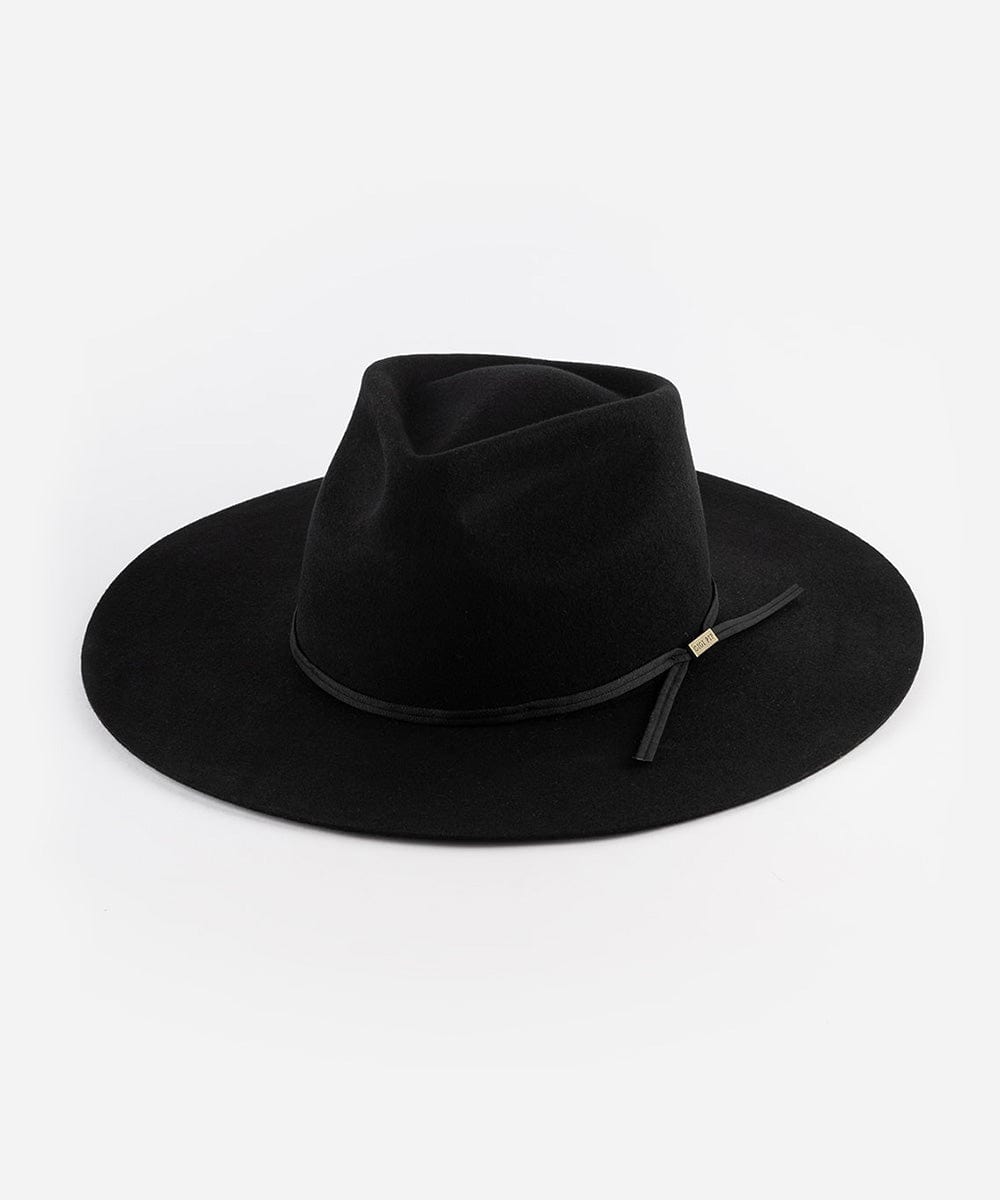 A black fedora hat with a wide flat brim and a tonal grosgrain ribbon band. #color_black