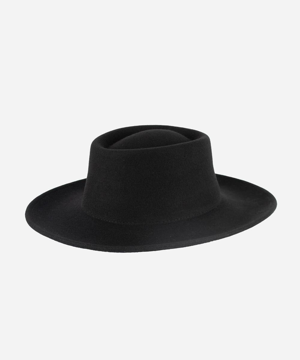 A black gambler hat with an indented oval crown and an upturned brim against a white background. #color_black