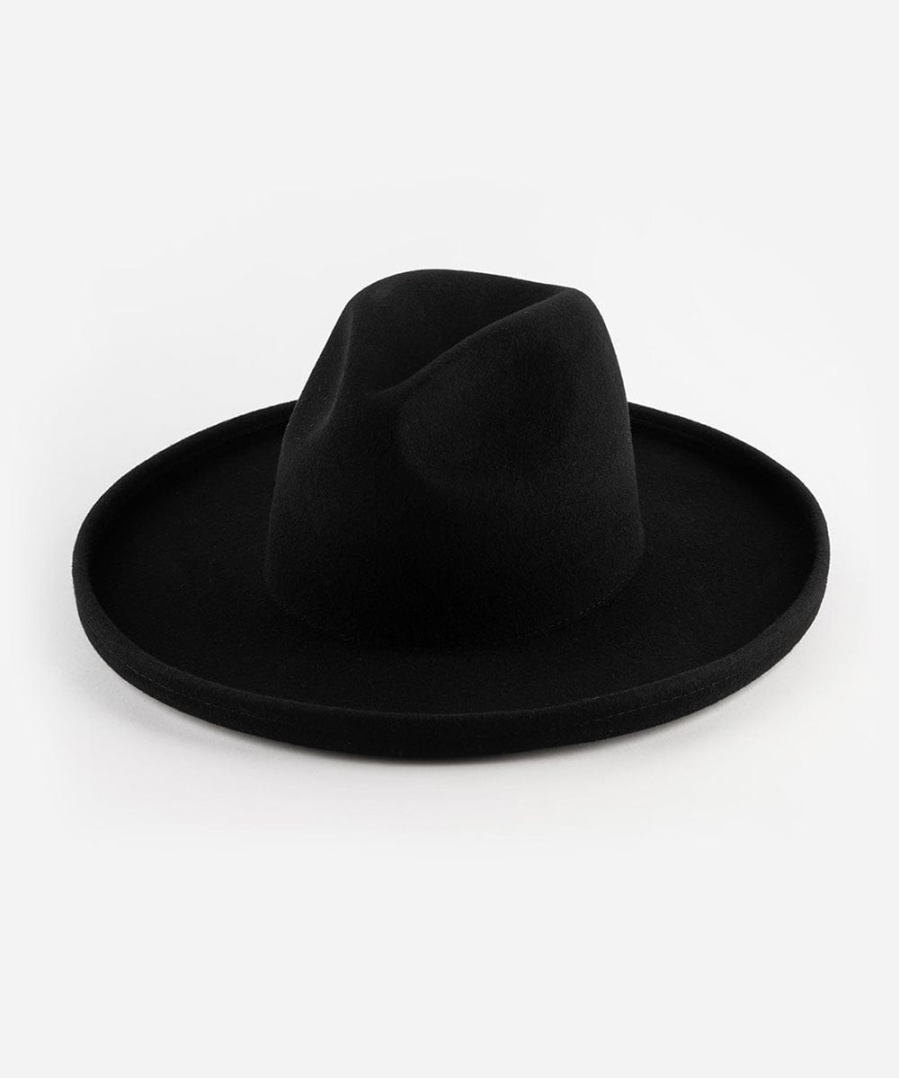 A black pencil brim felt fedora hat with a flat crown and even brim on a white background #color_black
