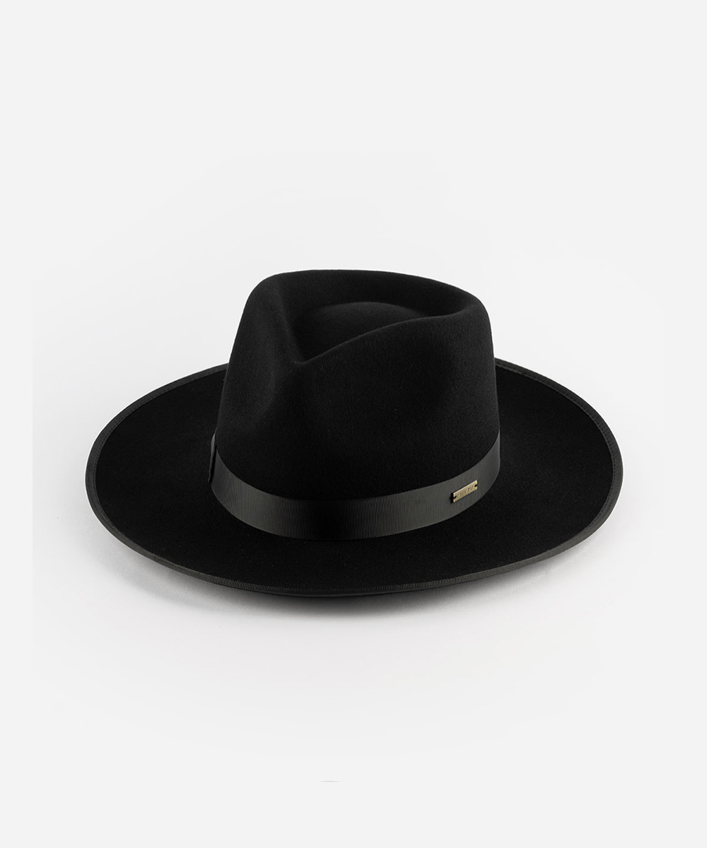 A black fedora hat with a band on a white background #color_black