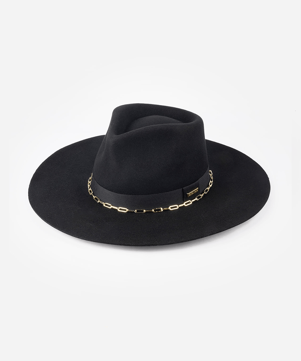 A black wide brim fedora hat with a gold chain detail around the base of the crown on a white background #color_black