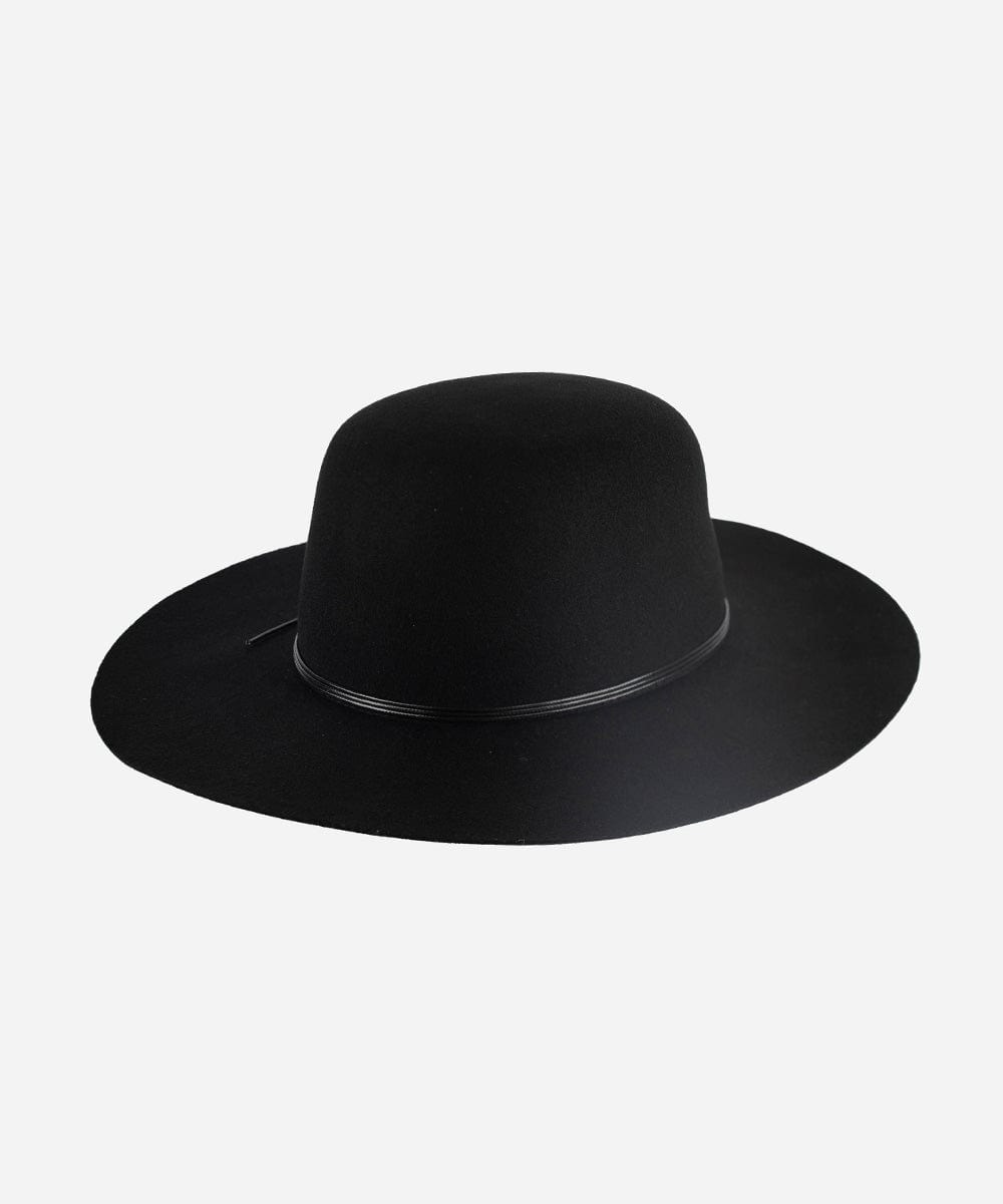 A black open crown hat with a structured semi-wide brim and a tonal triple-strand waxed leather band against a plain background #color_black