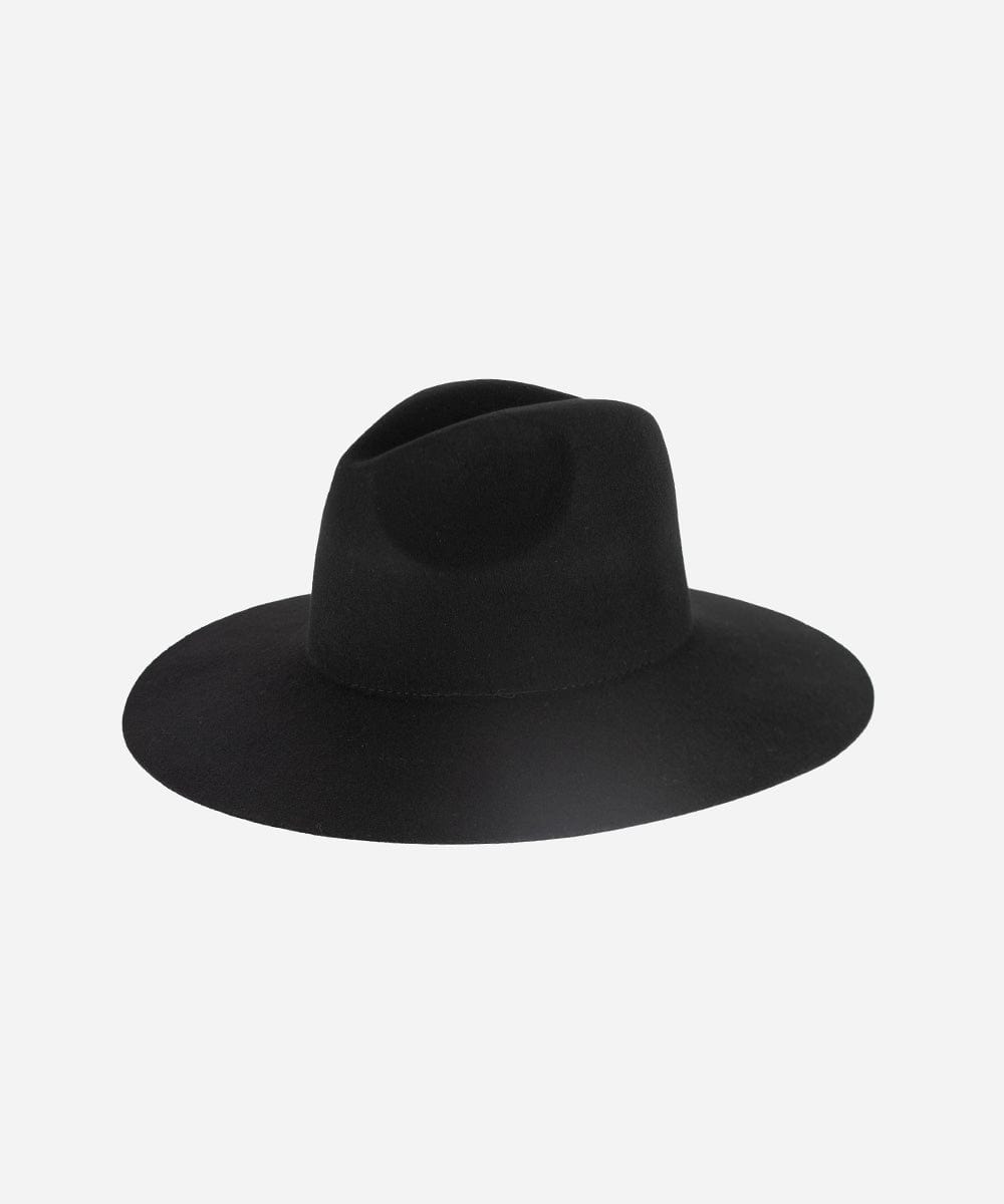 A black wide brim fedora hat on a plain background #color_black