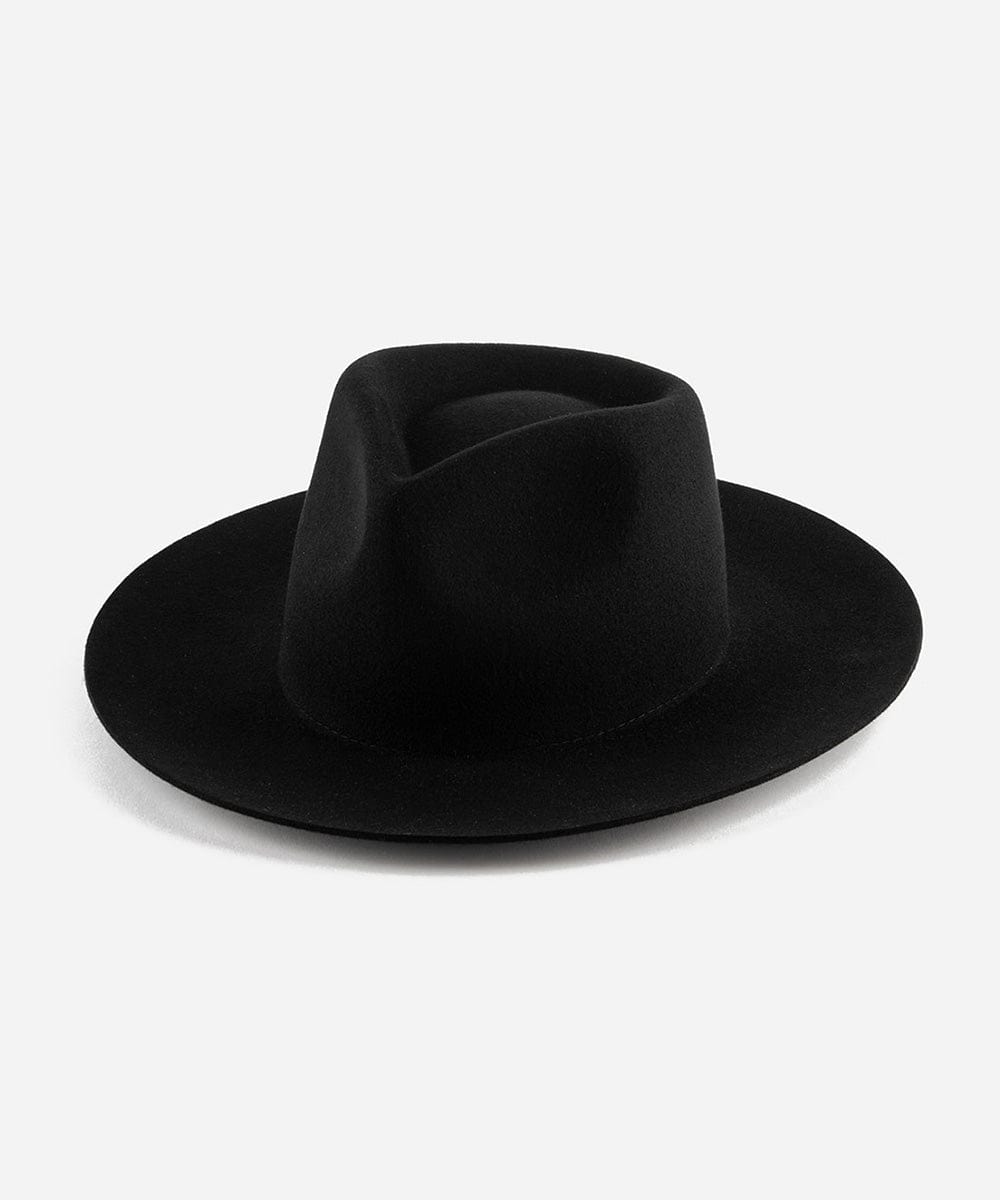 A black fedora hat with a teardrop shaped crown and a stiff, medium upturned brim made of felt. #color_black