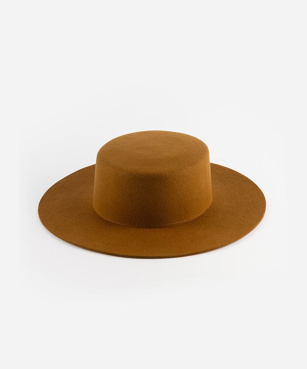 A brown boater-style hat with a stiff flat brim and a round crown. #color_brown