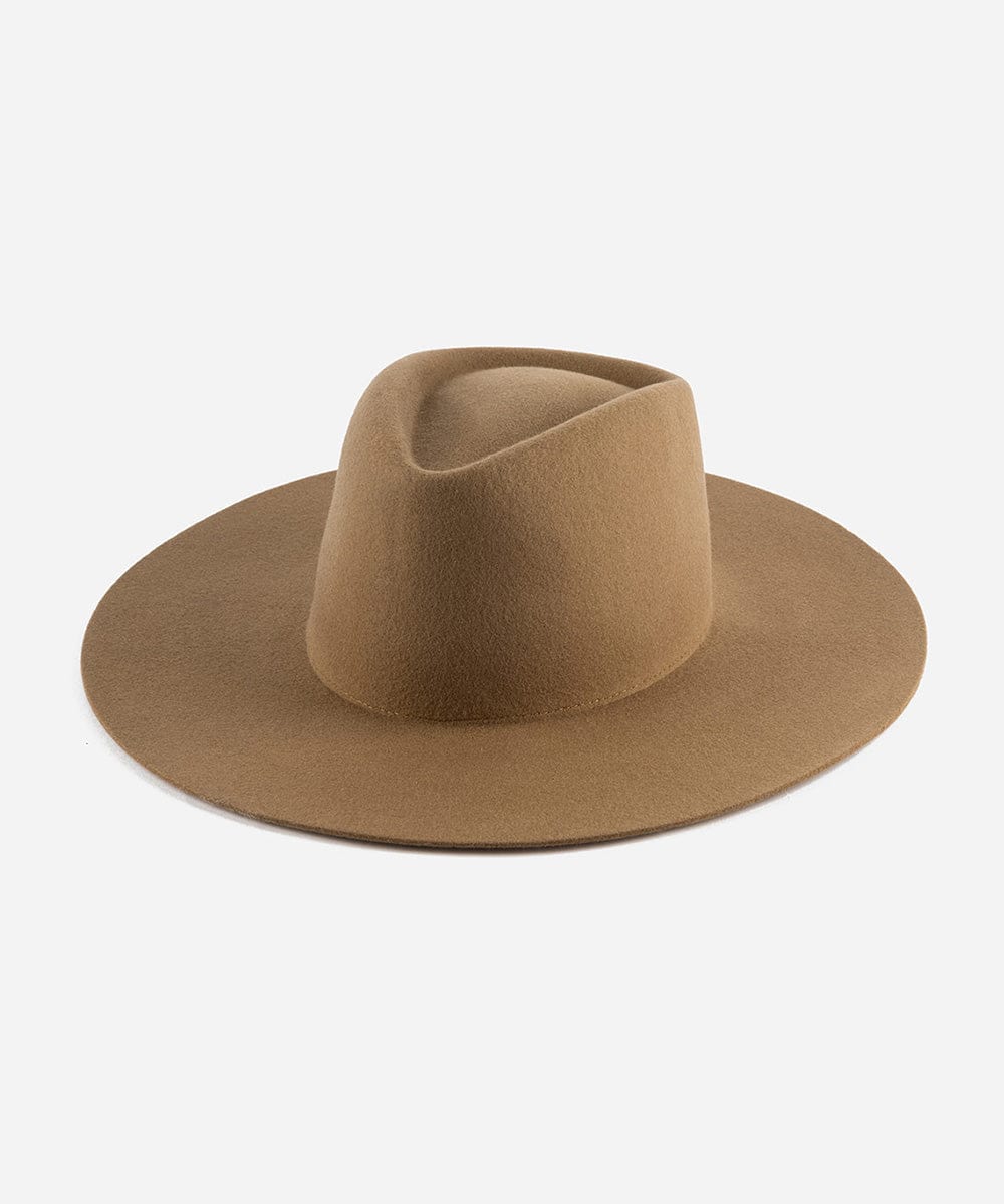 A brown wide brim felt hat with a triangle crown, flat brim, and no visible embellishments. #color_brown