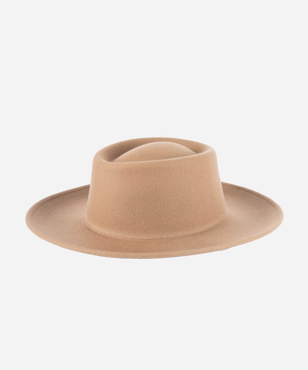 A brown gambler hat with an indented oval crown and an upturned brim against a white background.   #color_brown
