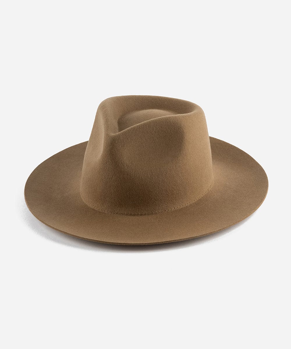 A brown fedora hat with a teardrop shaped crown and a stiff, medium upturned brim made of felt. #color_brown
