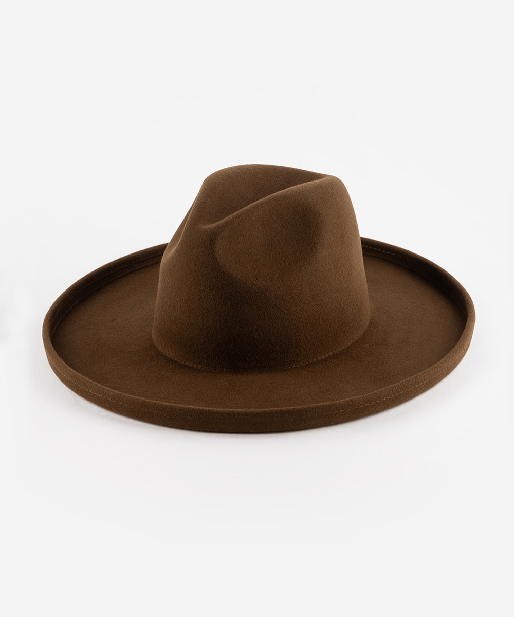 A chocolate colored pencil brim fedora hat on a white background #color_chocolate