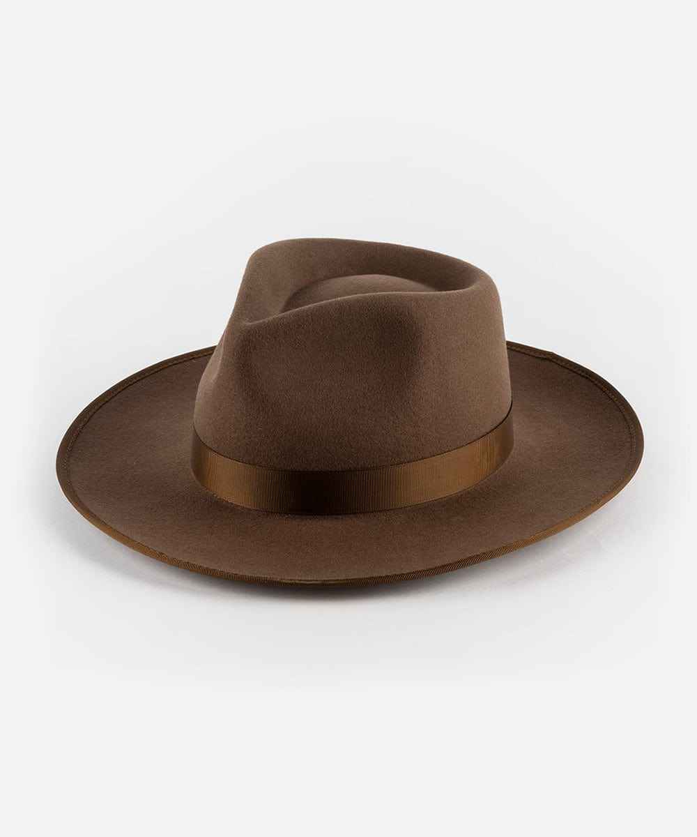 Chocolate colored fedora hat with a band on a white background #color_chocolate