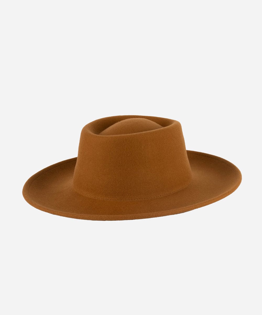 A cinnamon colored gambler hat with an indented oval crown and an upturned brim against a white background. #color_cinnamon