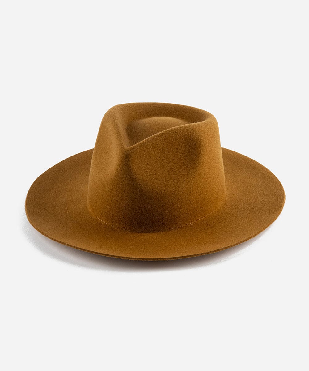 A cinnamon colored fedora hat with a teardrop shaped crown and a stiff, medium upturned brim made of felt. #color_cinnamon