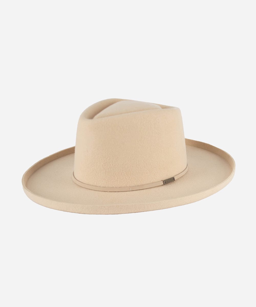 A cream Lennon pencil brim fedora hat with a sculpted diamond crown and a hat band against a plain background #color_cream