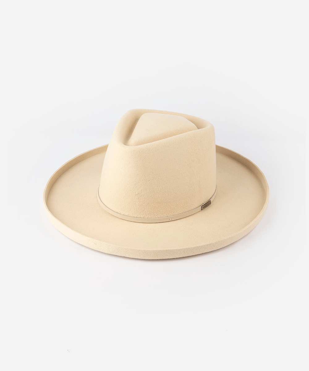 Pencil brim fedora hat with a sculpted diamond crown and a hat band against a plain background #color_cream
