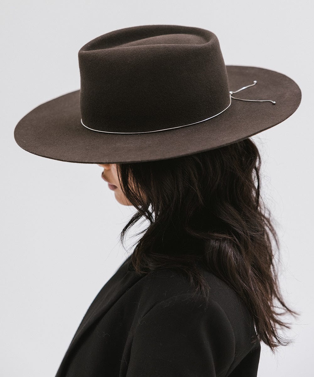 Woman wearing a dark brown wide brim felt hat with a triangle crown and a hat band, and a black blazer, facing sideways against a white background #color_dark brown