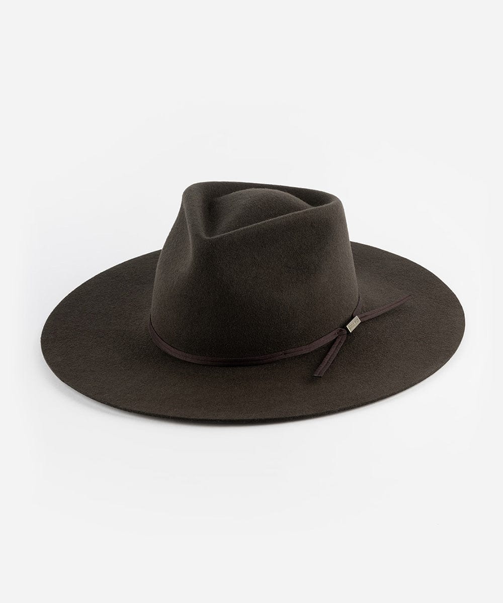 A dark brown fedora hat with a wide flat brim and a tonal grosgrain ribbon band. #color_dark brown