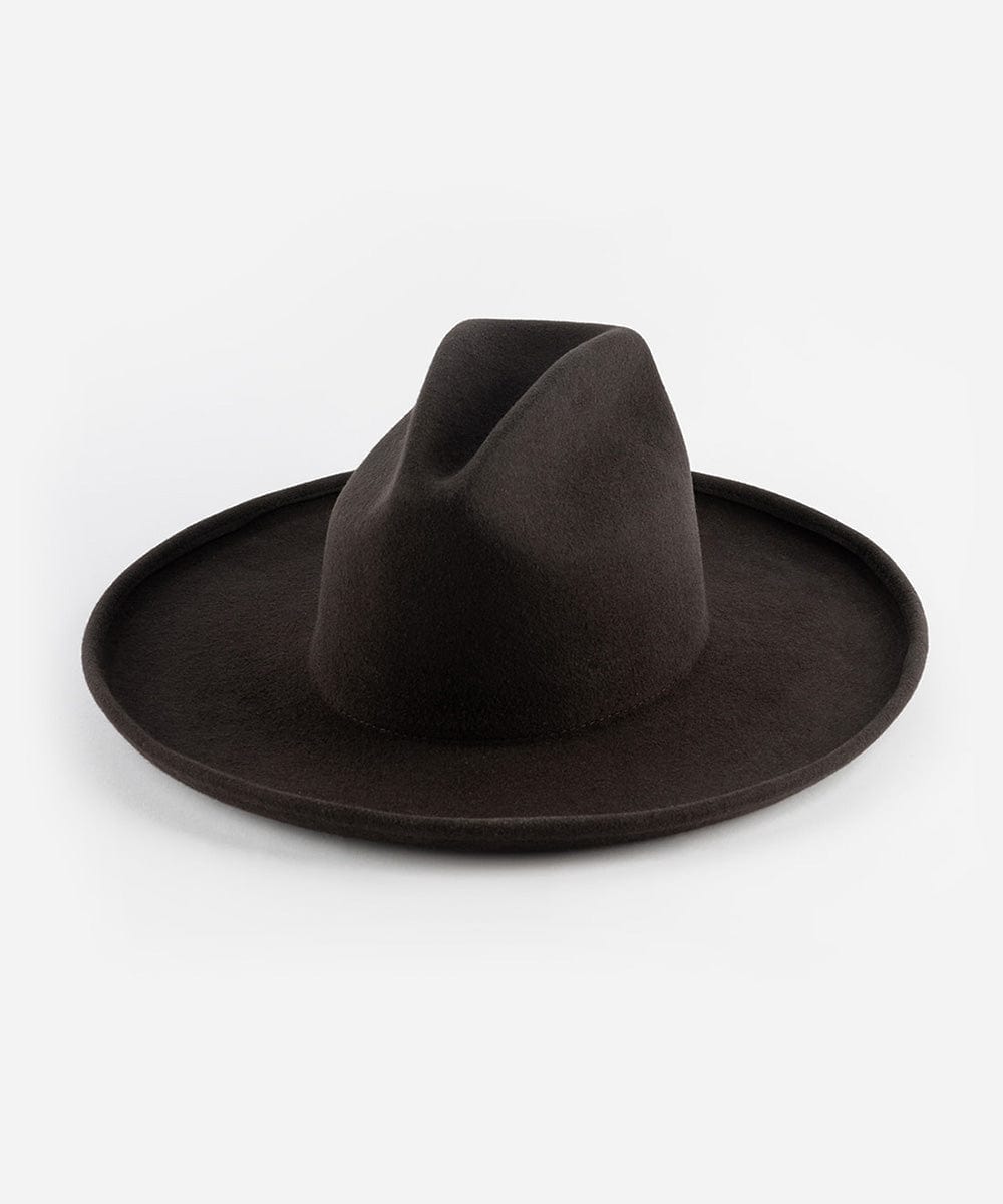 A dark brown western hat with a pencil brim and a tall crown, made of Australian wool. #color_dark brown