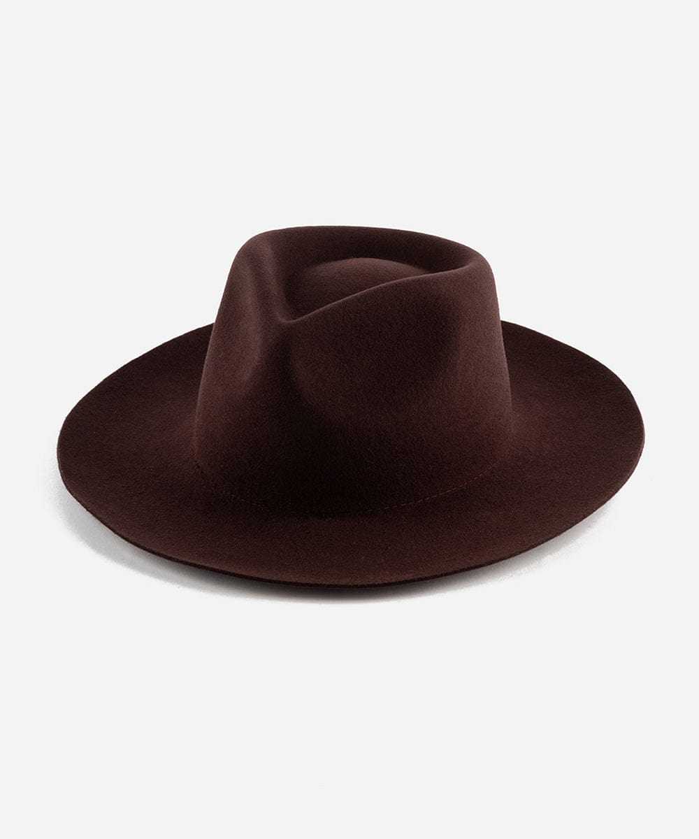 A dark cherry colored fedora hat with a teardrop shaped crown and a stiff, medium upturned brim made of felt. #color_dark cherry 