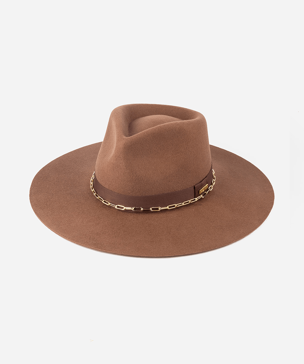 A brown wide brim fedora hat with a gold chain detail around the base of the crown against a plain background #color_dark oak