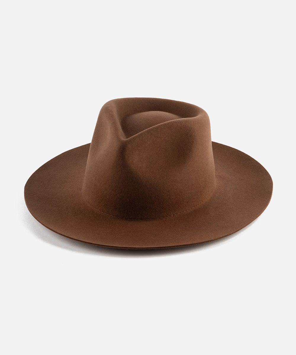 A dark oak colored fedora hat with a teardrop shaped crown and a stiff, medium upturned brim made of felt. #color_dark oak