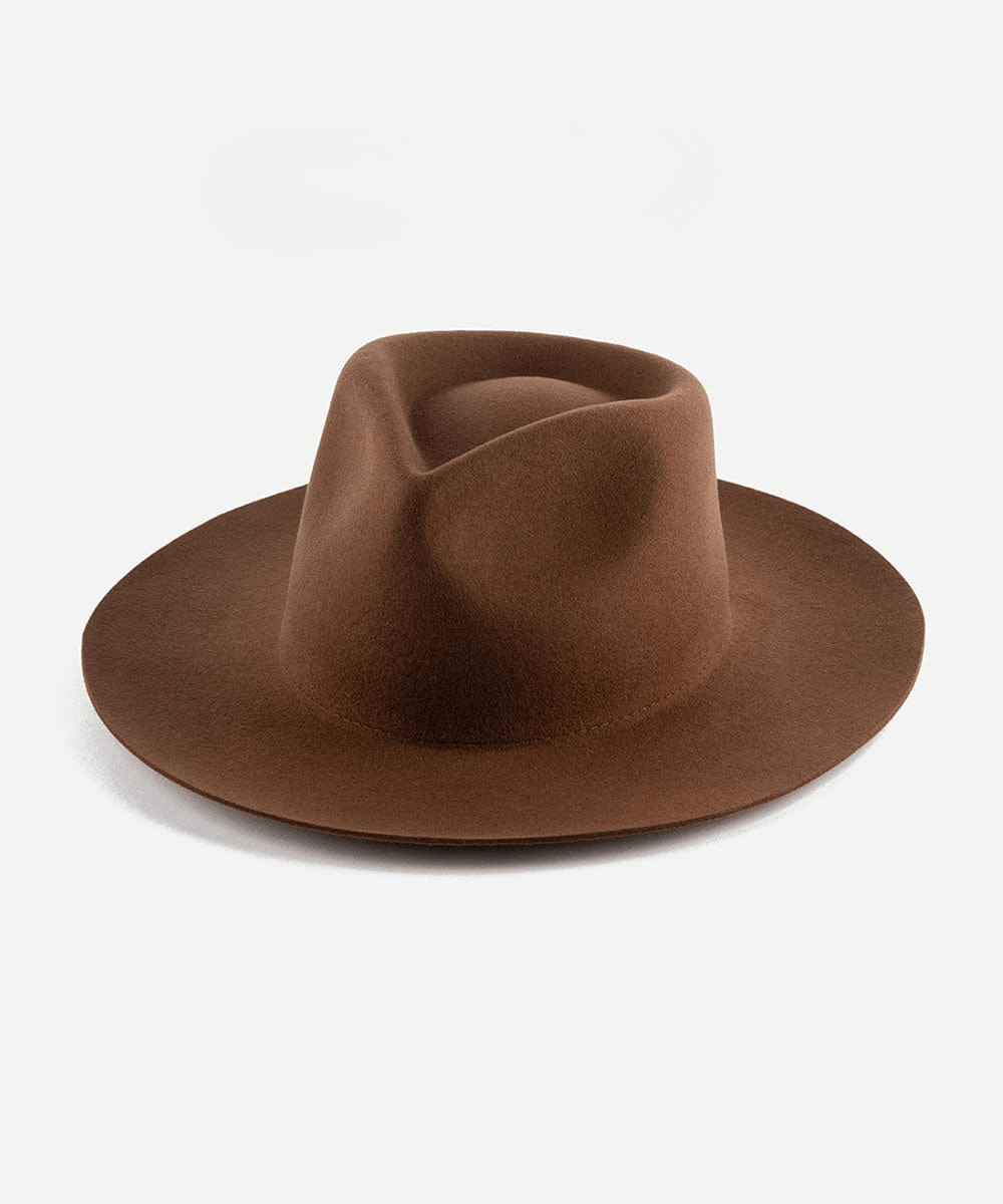 A dark oak colored fedora hat on a white background #color_dark oak