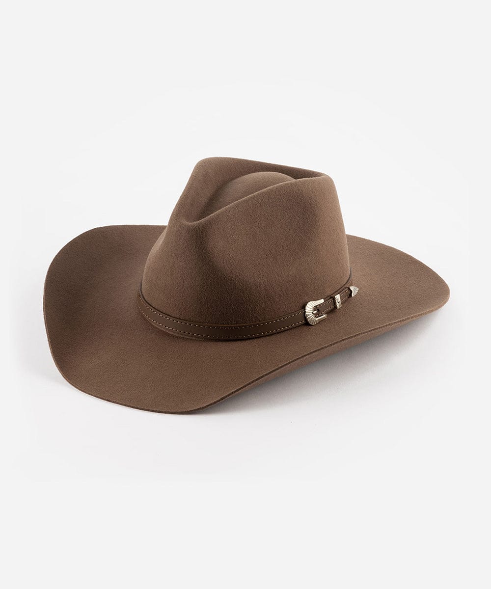 A chocolate colored cowboy hat with a pinched crown and an attached leather band with a silver buckle. #color_chocolate
