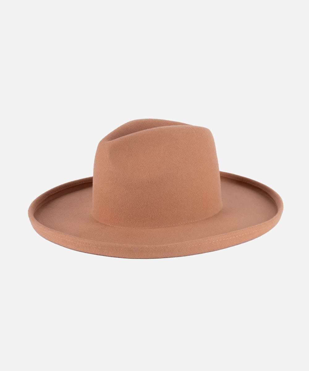 A dusty pink pencil brim fedora hat on a plain background #color_dusty pink