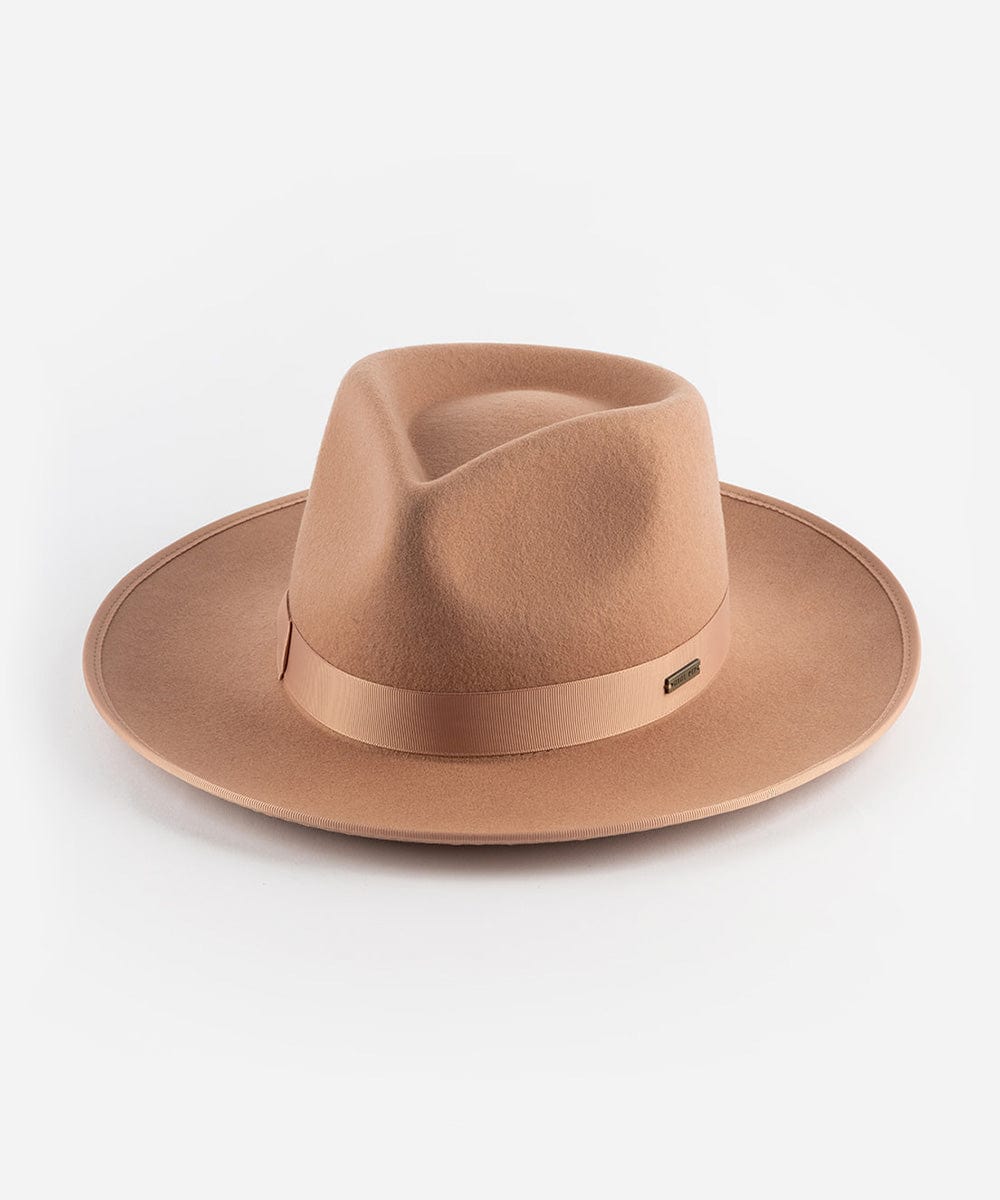 Dusty pink colored fedora hat with a band on a white background #color_dusty pink