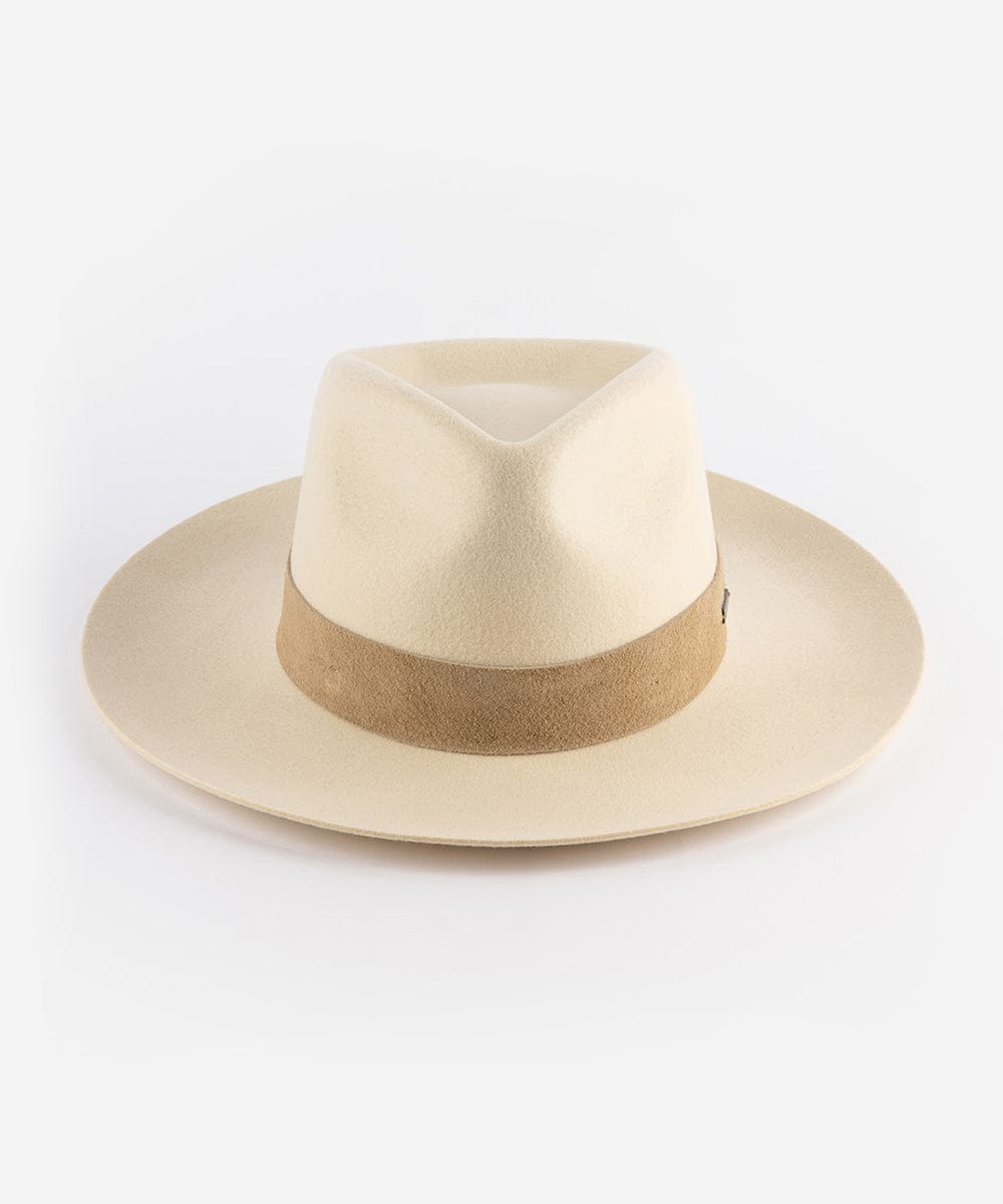 An off white felt fedora hat with an upturned brim and a hand-sewn suede band on a plain background #color_off white
