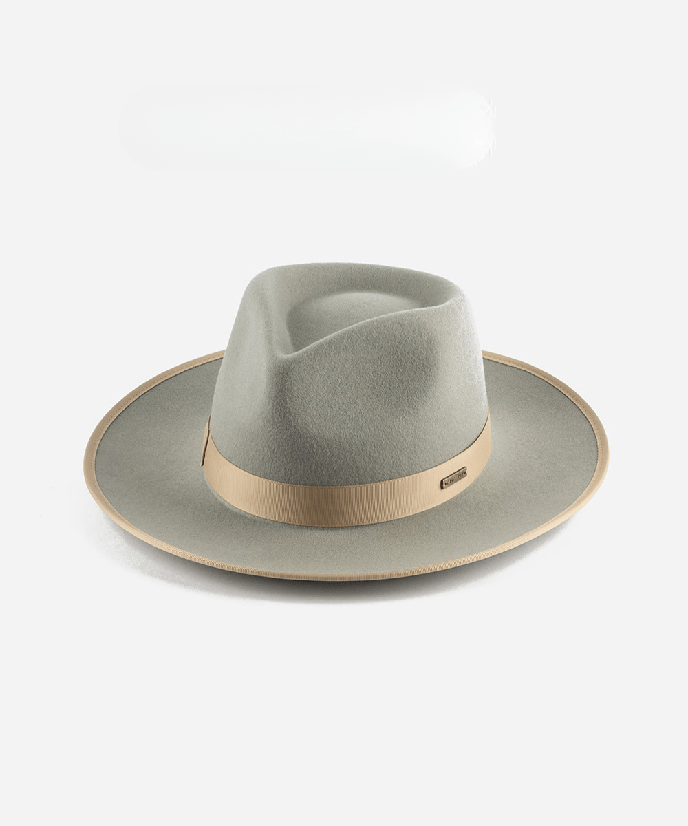 A light grey and tan colored fedora hat with a tan band on a white background #color_light grey-tan