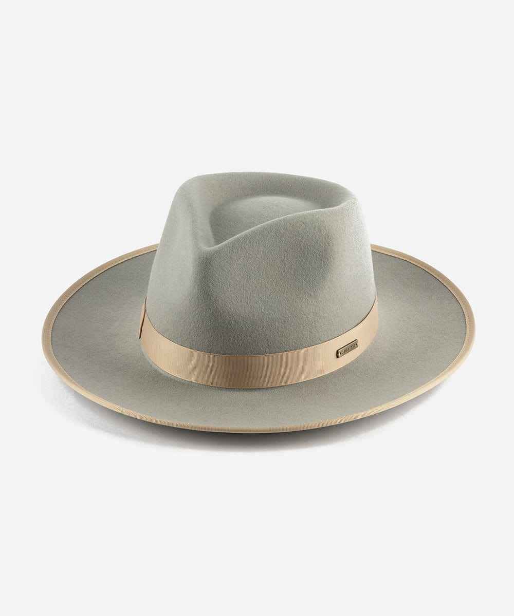 Light Grey and tan colored fedora hat with a tan band on a white background #color_light grey-tan