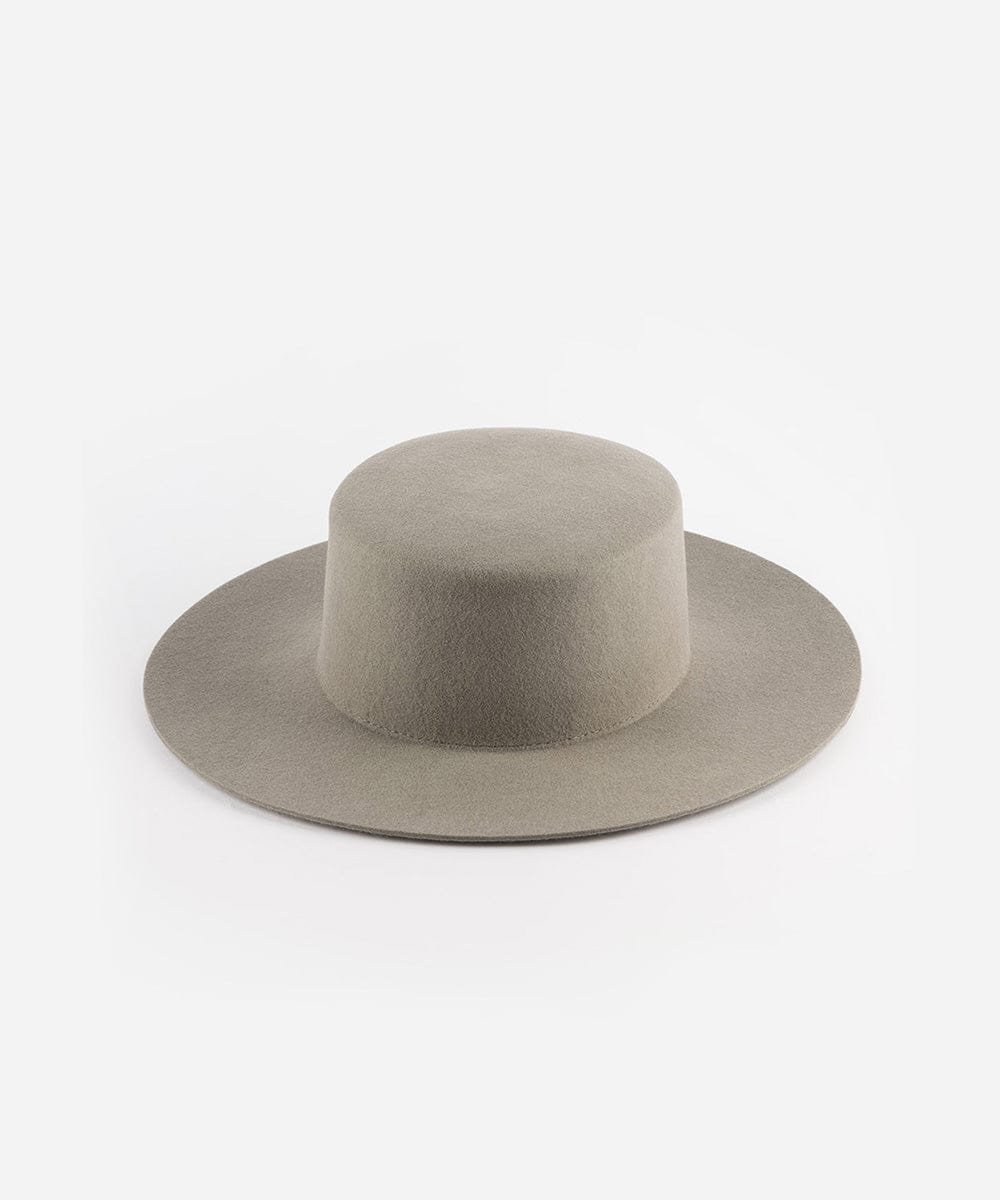 A light grey boater-style hat with a stiff flat brim and a round crown. #color_light grey