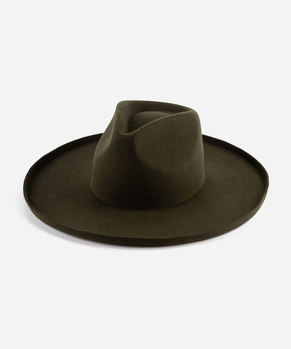 A moss colored pencil brim fedora hat with a wide brim, displayed on a plain background. #color_limited edition moss
