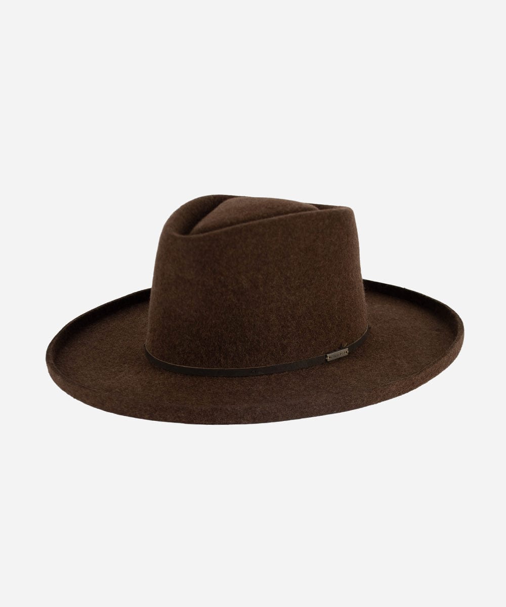 A mix brown Lennon pencil brim fedora hat with a sculpted diamond crown and a hat band against a plain background #color_mix brown
