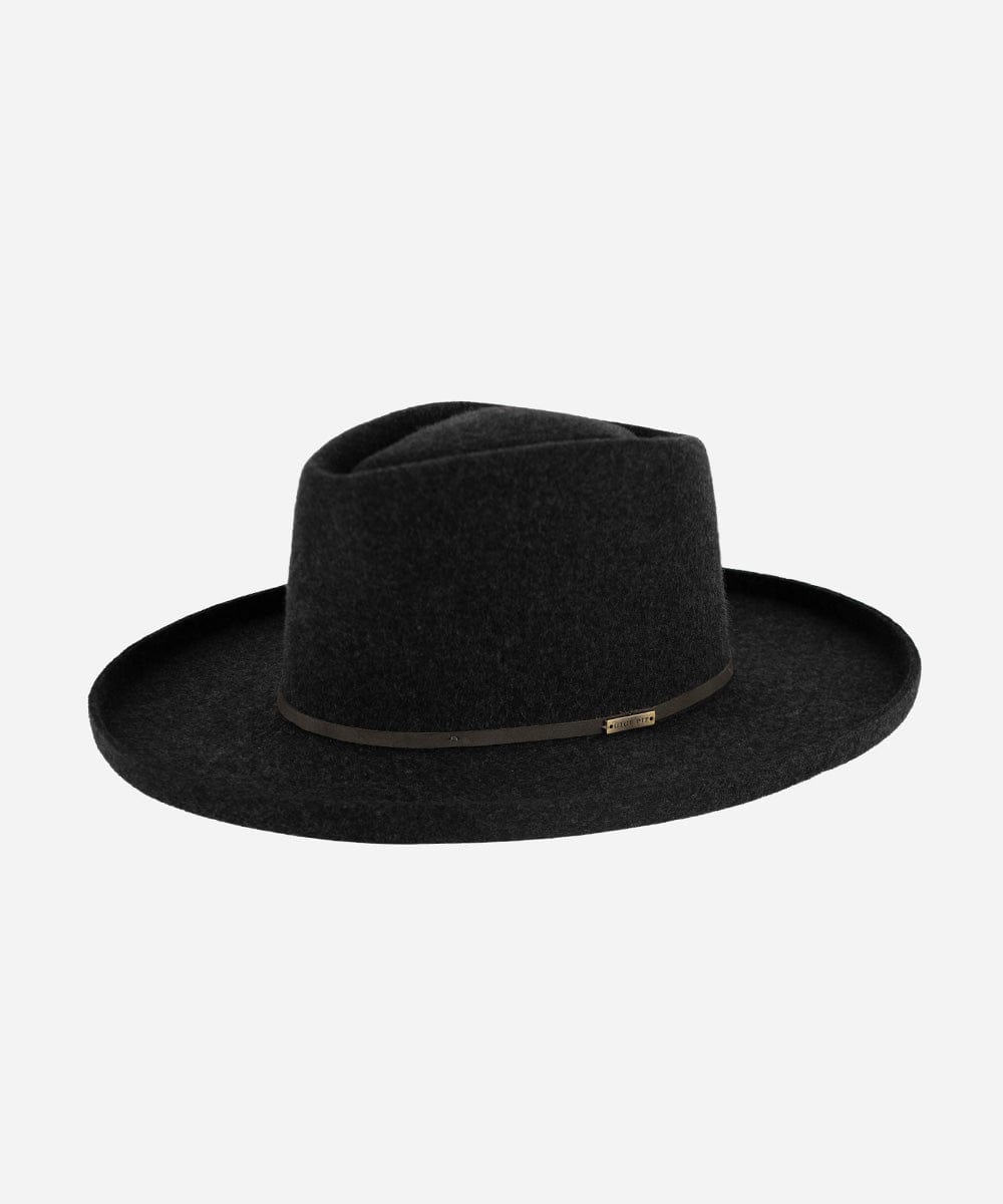 A mix charcoal colored Lennon pencil brim fedora hat with a sculpted diamond crown and a hat band against a plain background #color_mix charcoal