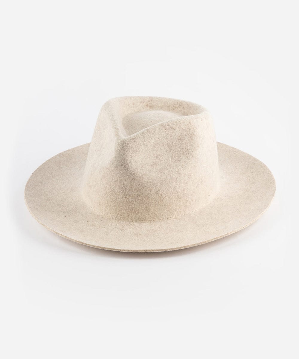 A mix ivory colored fedora hat with a teardrop shaped crown and a stiff, medium upturned brim made of felt. #color_mix ivory