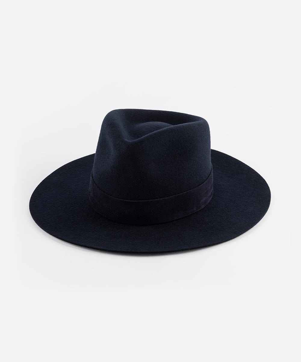 Navy fedora hat with a band on a white background #color_navy